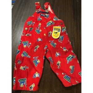 E491 Vintage OshKosh Construction Corduroy Red Overalls 12M Months Made in USA